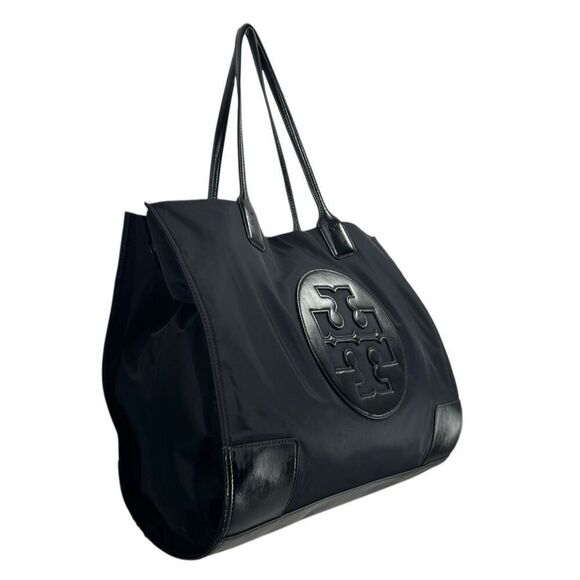 Tory Burch Large Tote Bag Black Ella Nylon Patent Leather Trim Handbag Logo - Picture 5 of 12